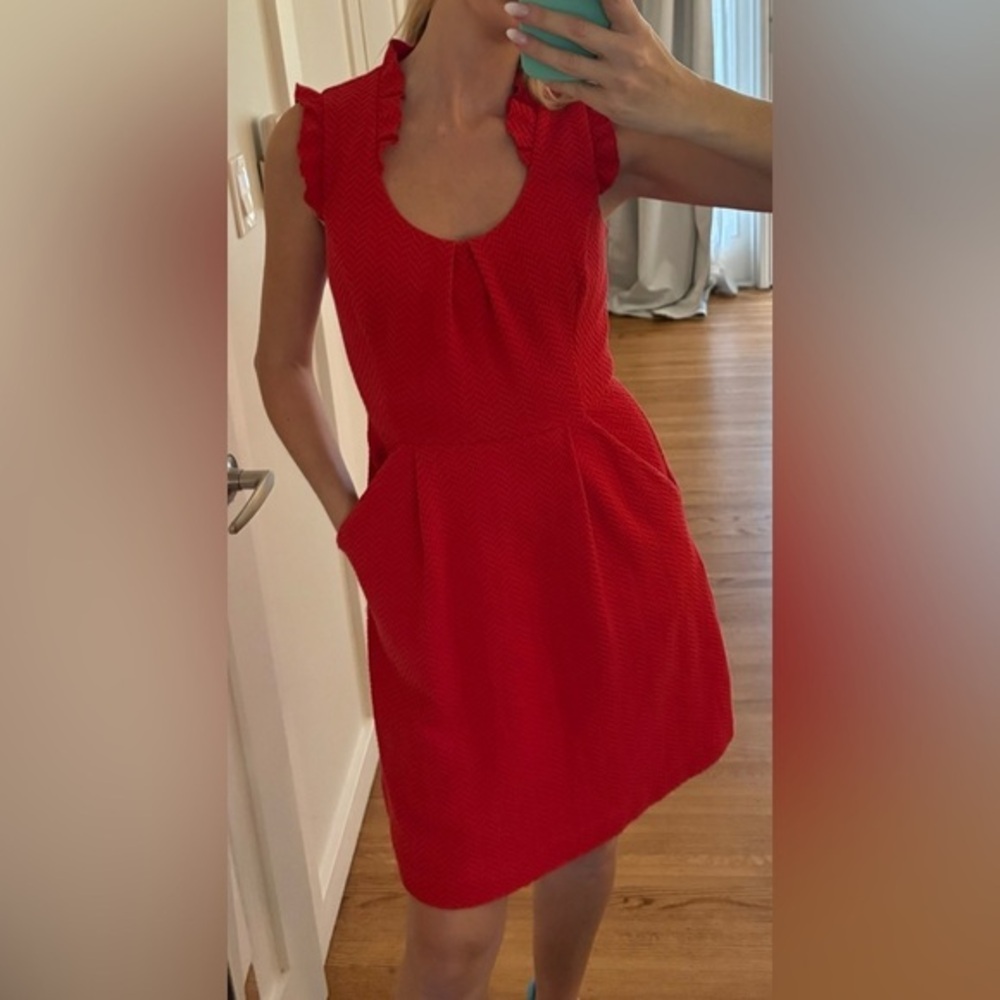 Anthropologie Tabitha Red Sleeveless Dress with Ruffle Details, pockets size 4